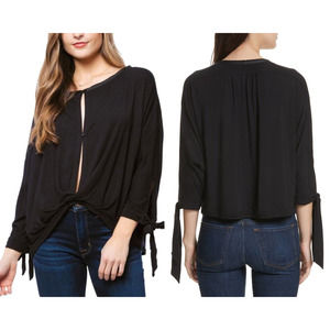 Free People Women's Keepin' On Twist Tie Sleeve Top XS Black Flowy Front Button